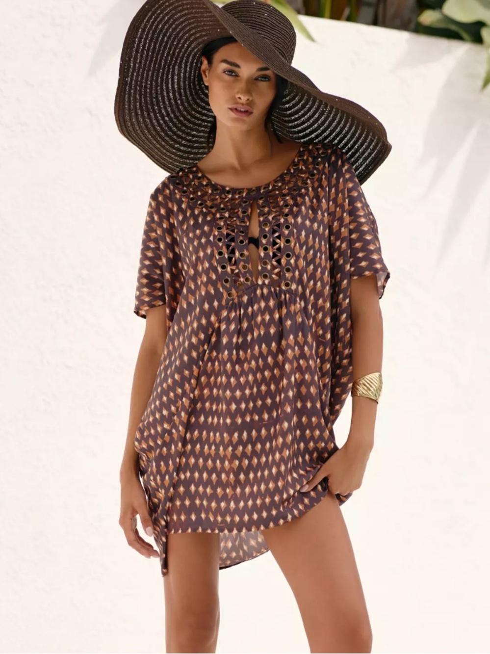 Graham Keegan | Anthropologie Short-Sleeve Keyhole Tunic Cover Up Mini Dress